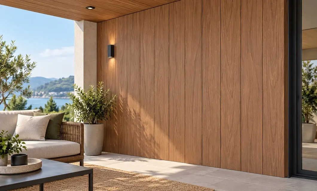 Pared de terraza cubierta con grano cepillado