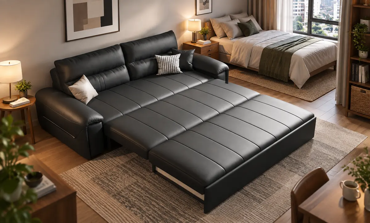 Sala aconchegante com sofá preto para as noites