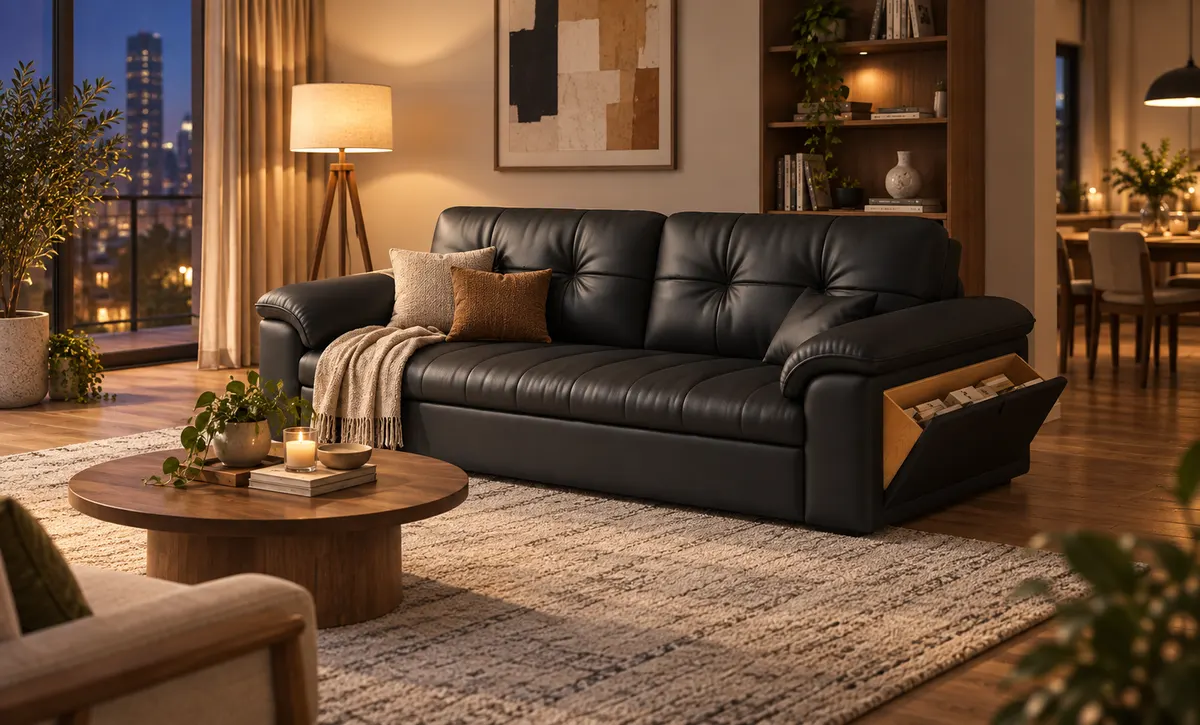 Acogedora sala con sofá negro para las tardes