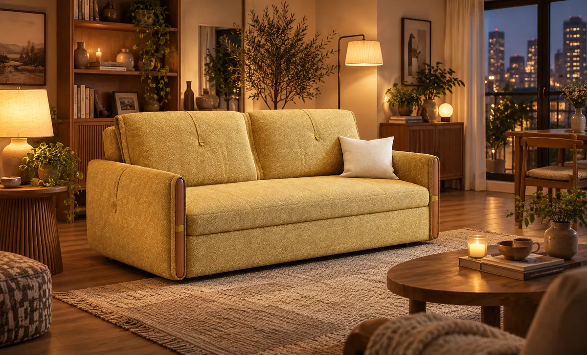 Das Produkt wird in Standard-Sofa-Form unter warmer Abend beleuchtung angezeigt, crea