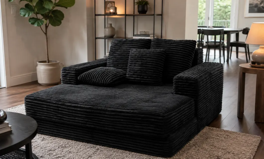 Sofa korduroi bertekstur ditempatkan di samping pencahayaan hangat untuk bersantai.