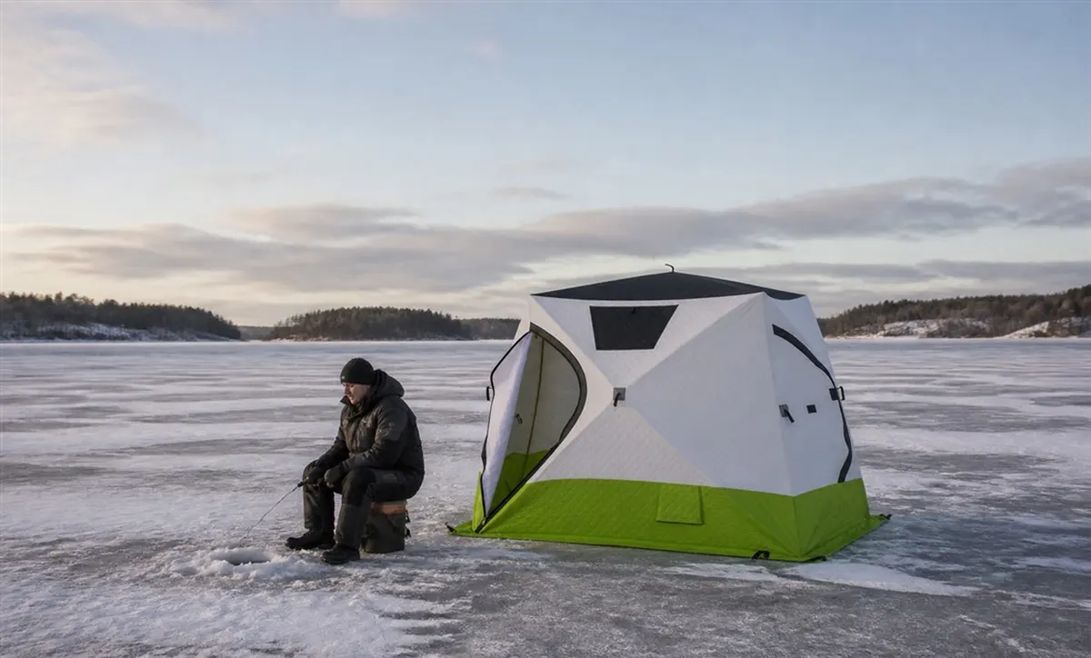 Snowy Winter Camping-Base temporanea protetta per periodi di riposo all'aperto freddo.