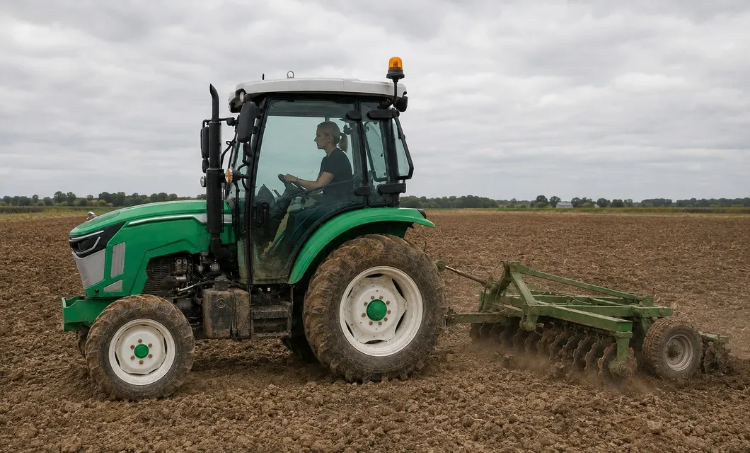 Doorgeploegde-grondpas: bandensporen over de omgeploegde grond. WW-504ECV wordt getoond in deze werkomgeving; bevestig de pasvorm, het terrein, de routeklaring en de bedrijfsomstandigheden vóór gebruik.