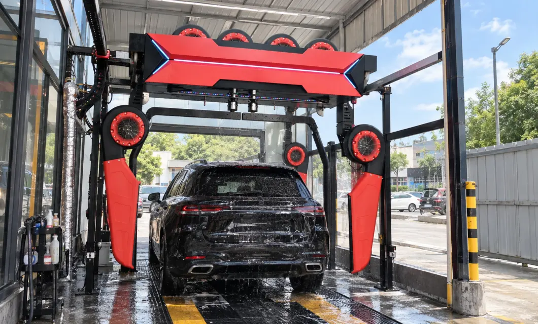 Fixed gantry configuration with the vehicle positioned centrally in the wash lane.