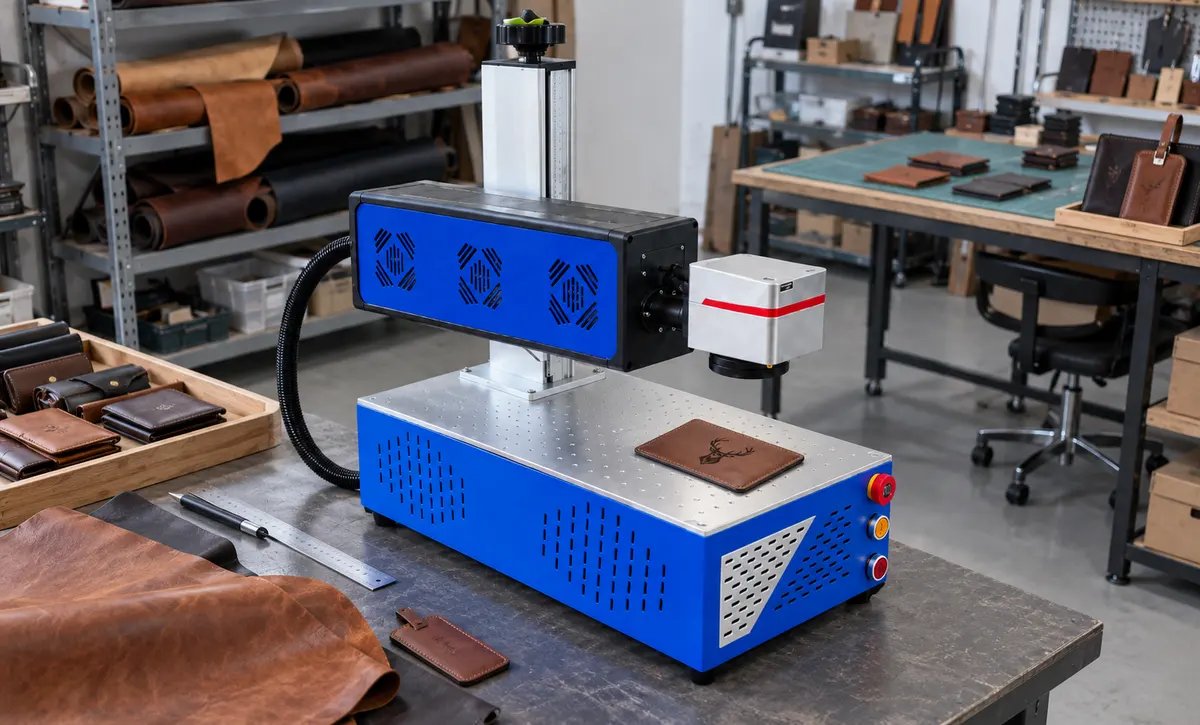 Flat leather or synthetic-leather components are positioned at the marking station for customization and product identification tasks