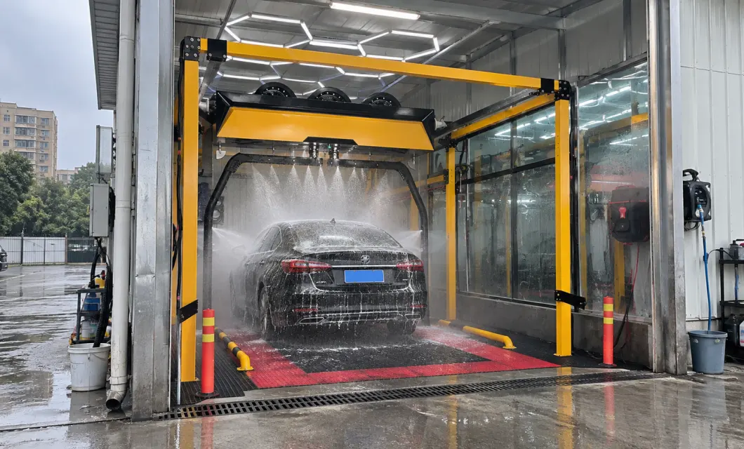 Foam washing and automated cleaning arranged within an enclosed professional vehicle care bay.