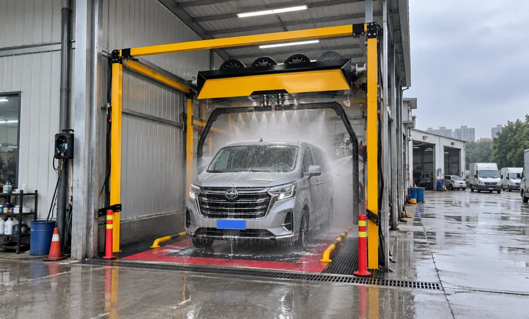 Gantry washing integrated into a practical vehicle service and maintenance facility.