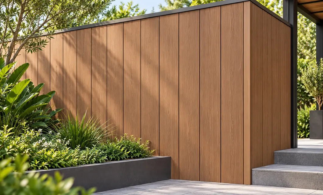 Pared del jardín con el grano de madera que fluye
