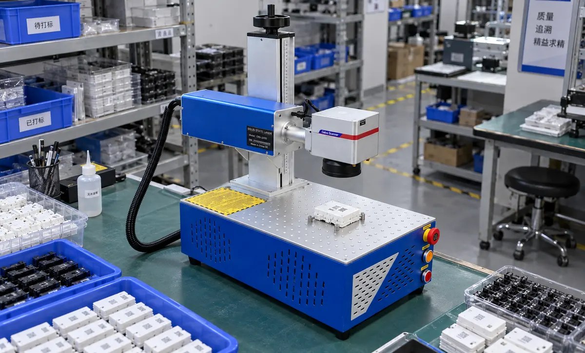 Glass or cosmetic-related components are presented at the marking workstation for controlled product identification applications
