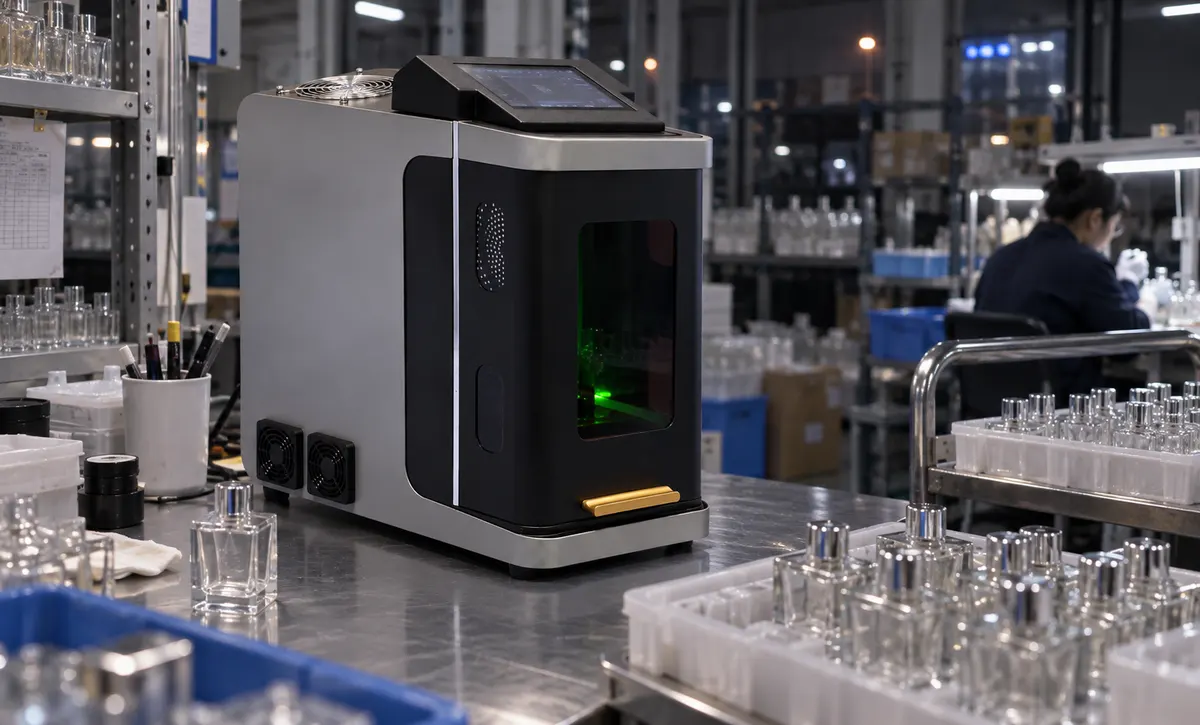 Glass packaging items are marked under night-shift conditions