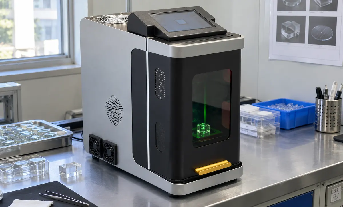 Glass products are positioned for precise identification marking