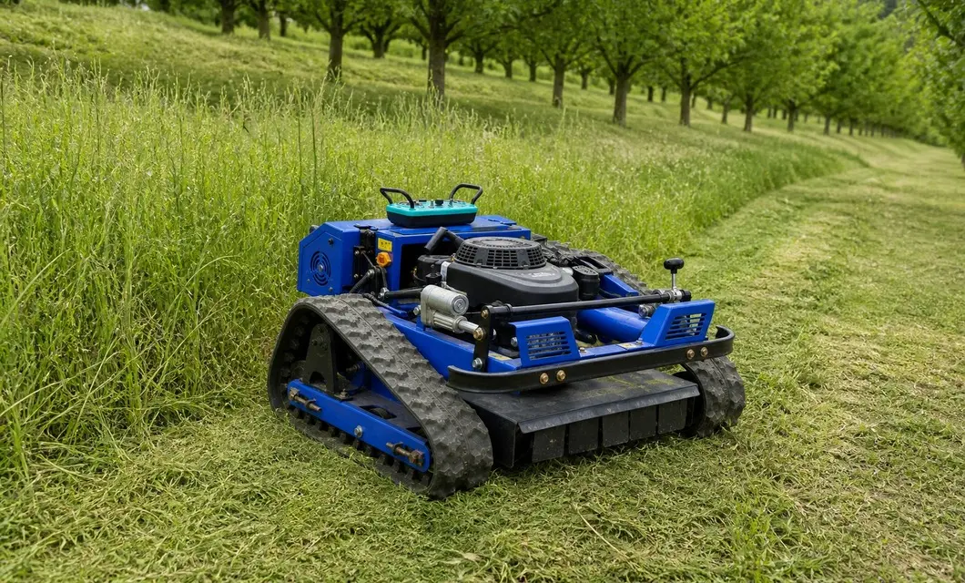Grass managed across sloped orchard rows