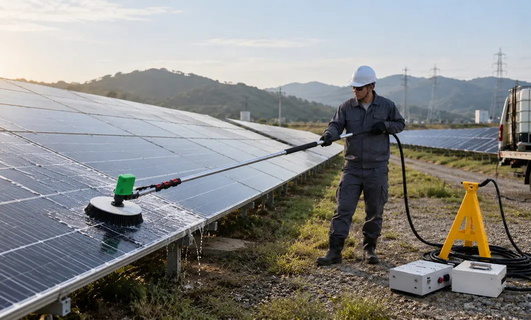 Operação de limpeza de painéis em fazenda solar instalada no solo