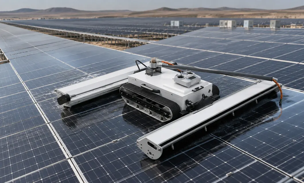 Opération sur le terrain de nettoyage de panneau de ferme solaire montée au sol