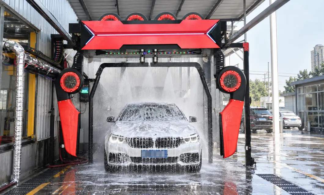 High-pressure washing and foam coverage across the front and surrounding body areas.