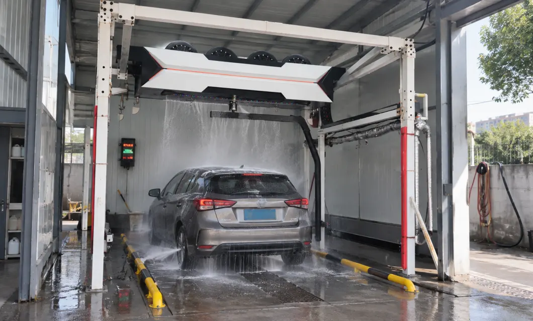 High-pressure water reaches side, rear and lower exterior areas during washing.