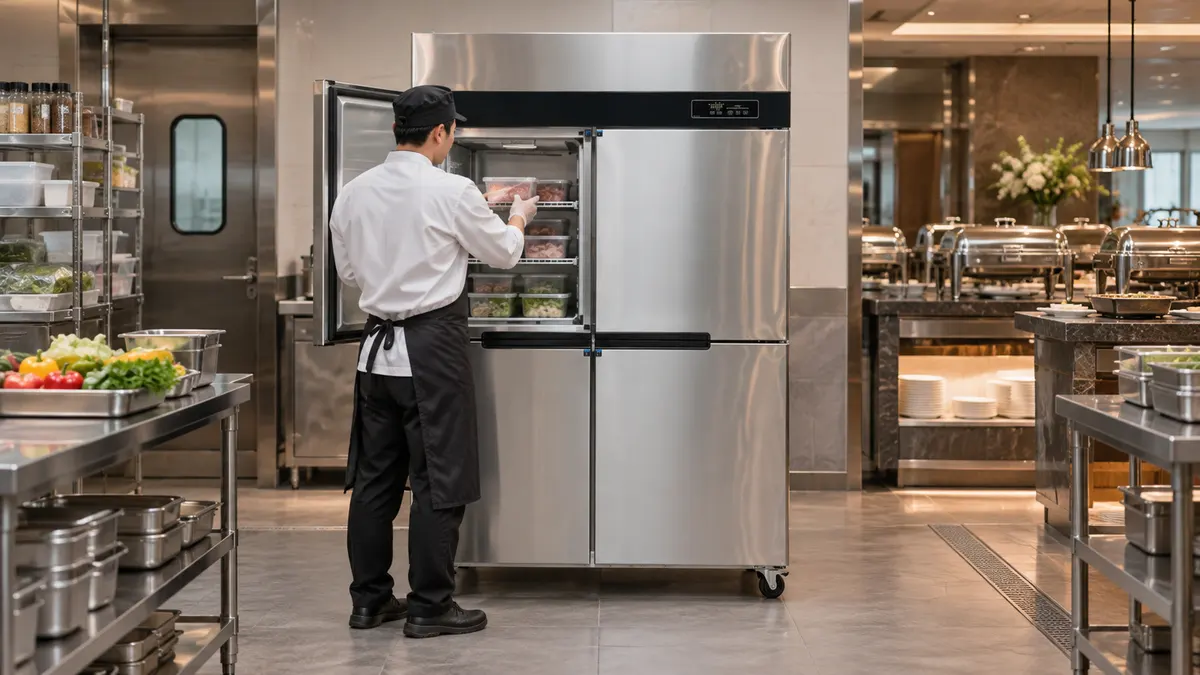Operación del congelador de cuatro puertas de la cocina del hotel