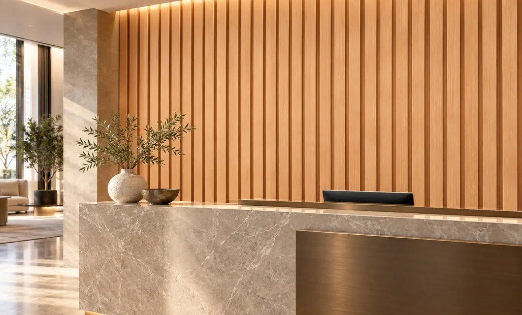 Hotel Reception with Warm Slat Depth