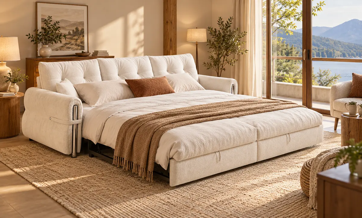 Hotel Suite Sofá-cama-O produto é mostrado em um arranjo sofá-cama estendida