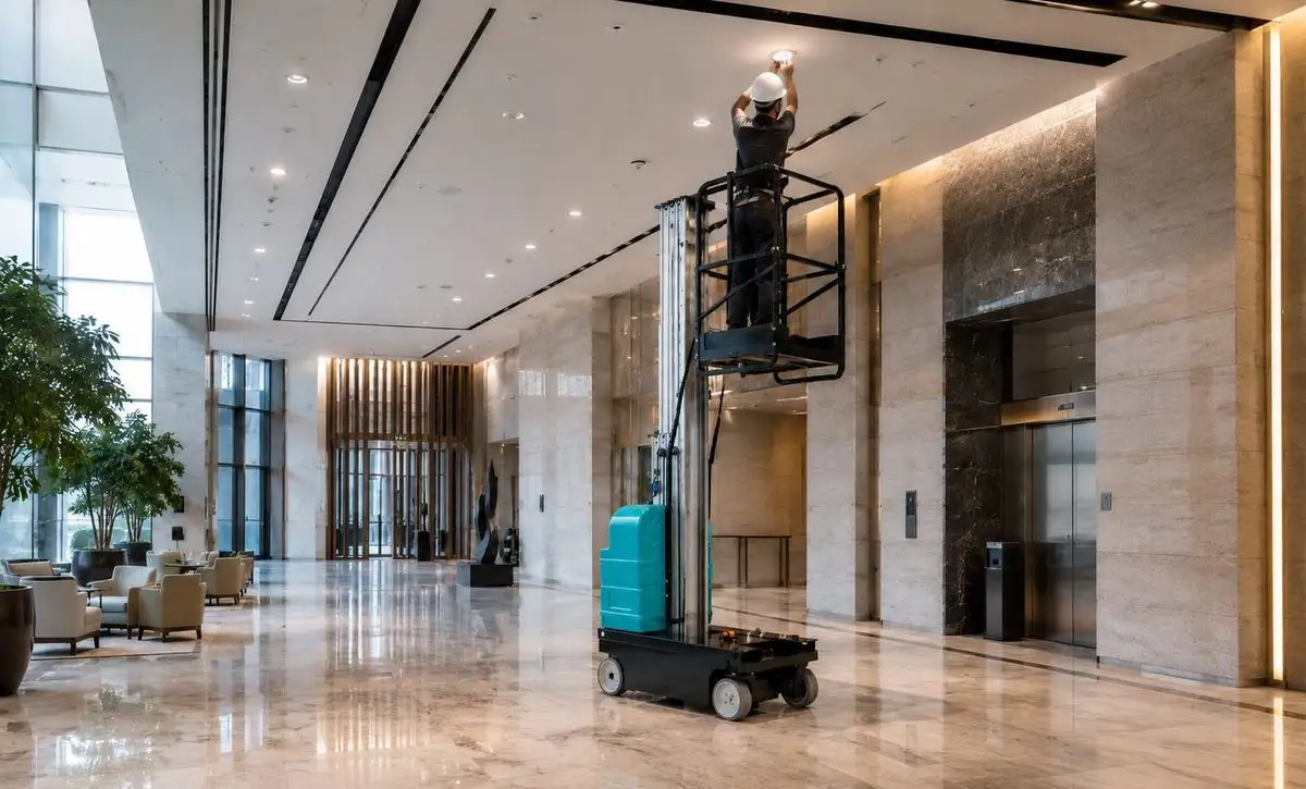 Commercial lobby ceiling, lighting, and facility service operations