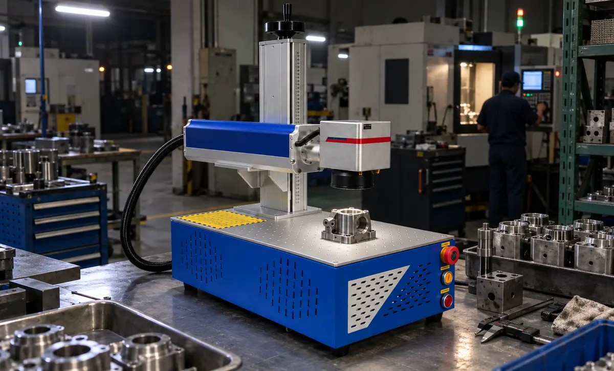 Machined metal parts are positioned for identification marking within a machining workshop during a night production shift