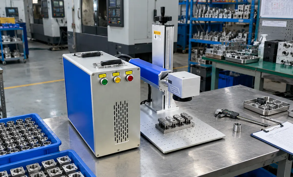 Machined parts are staged for batch identification at the marking station