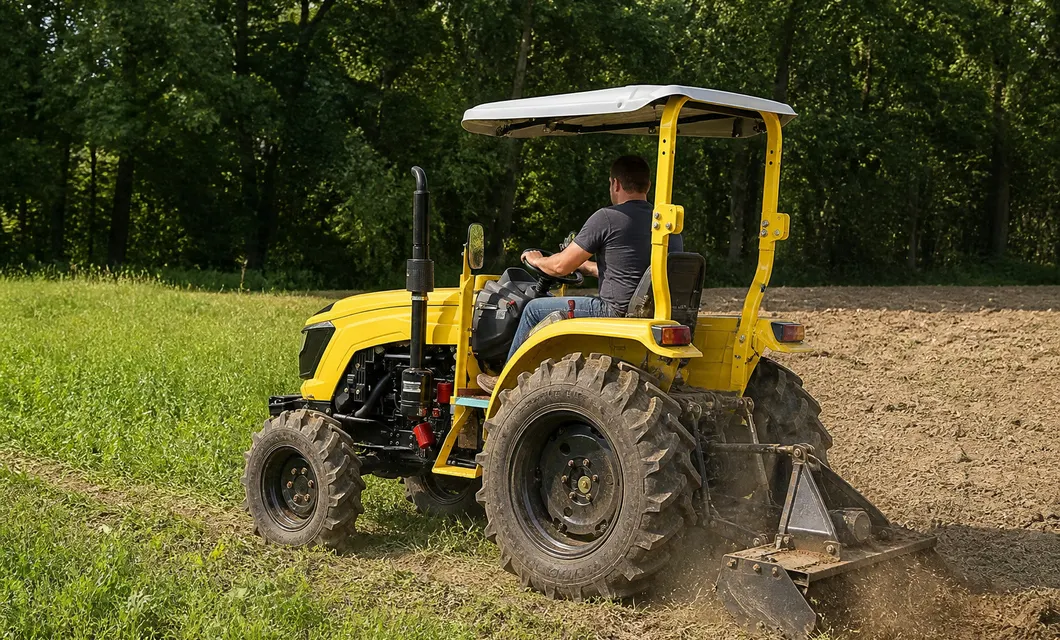 Campo arato: Lavorazione del campo arato con operatore. 604E è mostrato in questa impostazione di lavoro; confermare l'adattamento dell'implementazione, il terreno, la distanza dal percorso e le condizioni operative prima dell'uso.