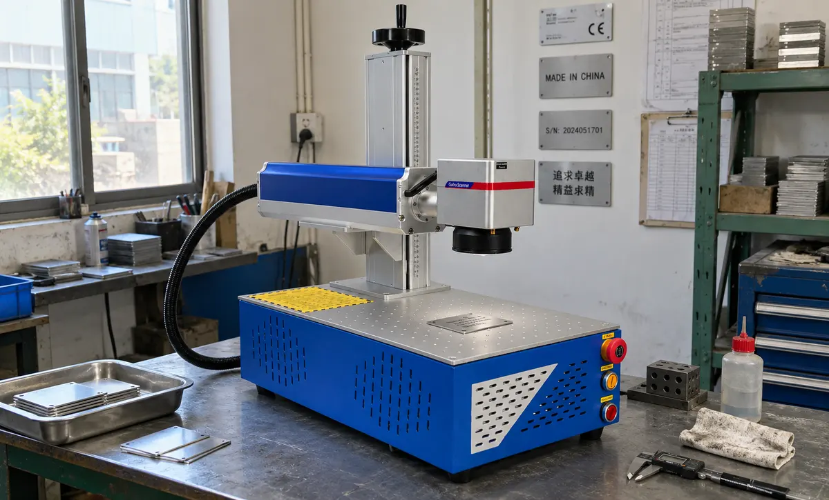 Metal identification plates are positioned at a dedicated workstation for practical product and equipment marking tasks