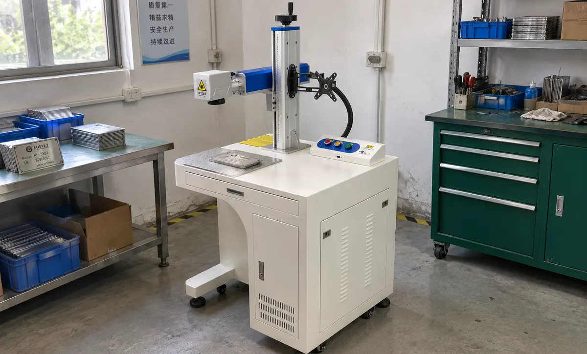 Metal identification plates are positioned at the machine for close-range marking in a dedicated workshop station