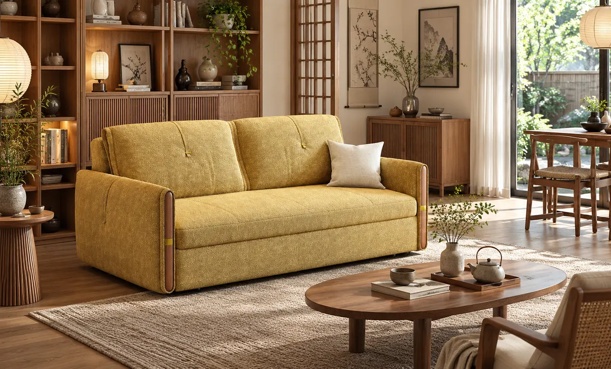 Das Sofa dient als zentrales Sitz stück in einem hellen modernen Wohnzimmer mit