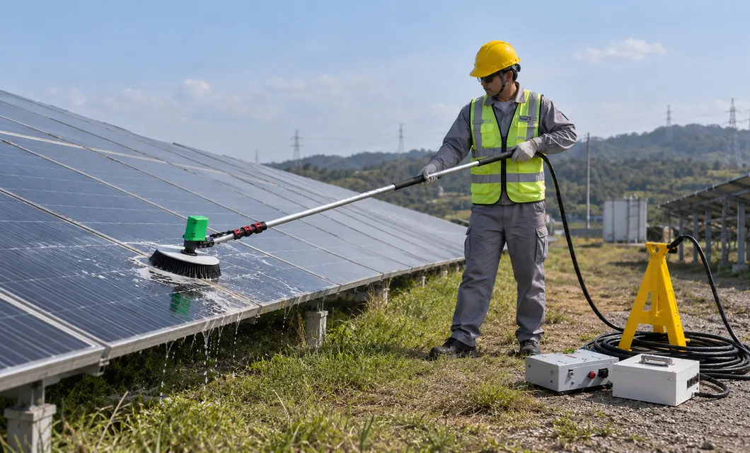 Limpeza de painéis solares em terraço montanhoso, condições externas