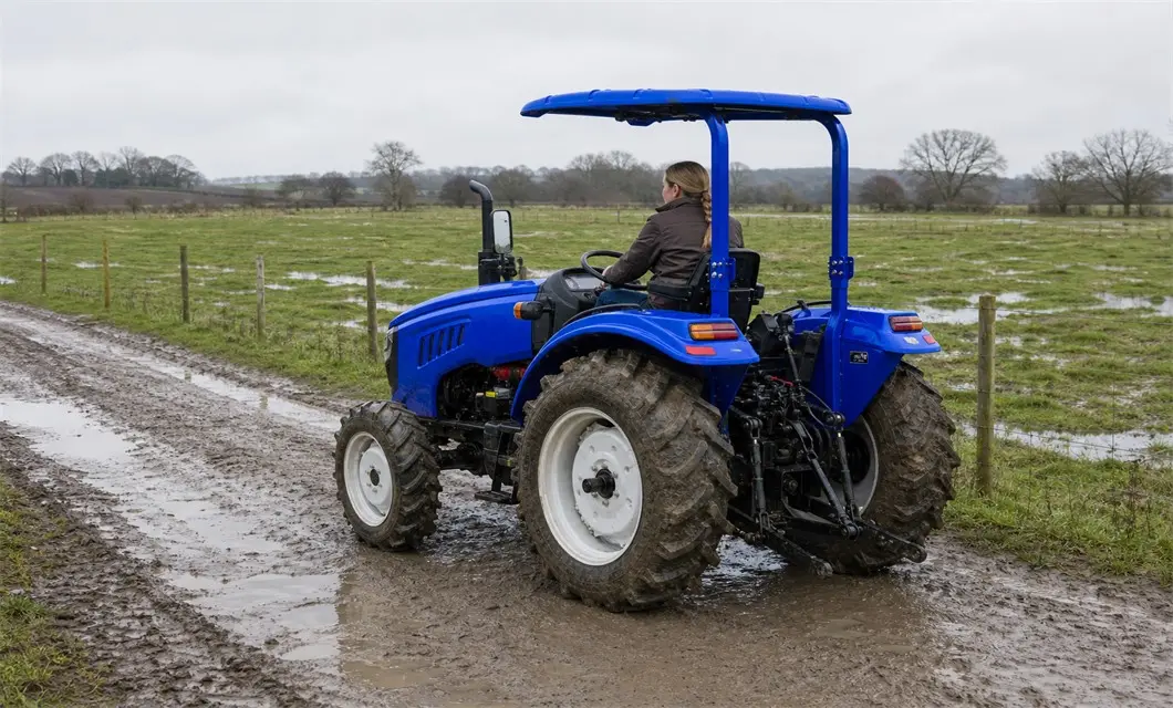 Muddy Farm Lane: viaje listo para el barro a lo largo de un carril de la granja. ALT-1004B se muestra en esta configuración de trabajo; confirme el ajuste del implemento, el terreno, el despeje de la ruta y las condiciones de operación antes de su uso.