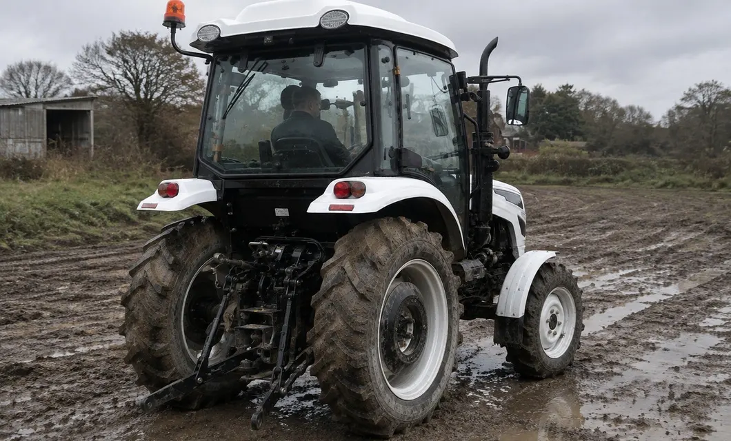 Blick auf den Feldweg: Der Feldweg zwischen den Ackerflächen. WW-504E wird in dieser Arbeits einstellung angezeigt. Bestätigen Sie die Passform, das Gelände, die Strecken freigabe und die Betriebs bedingungen vor der Verwendung.