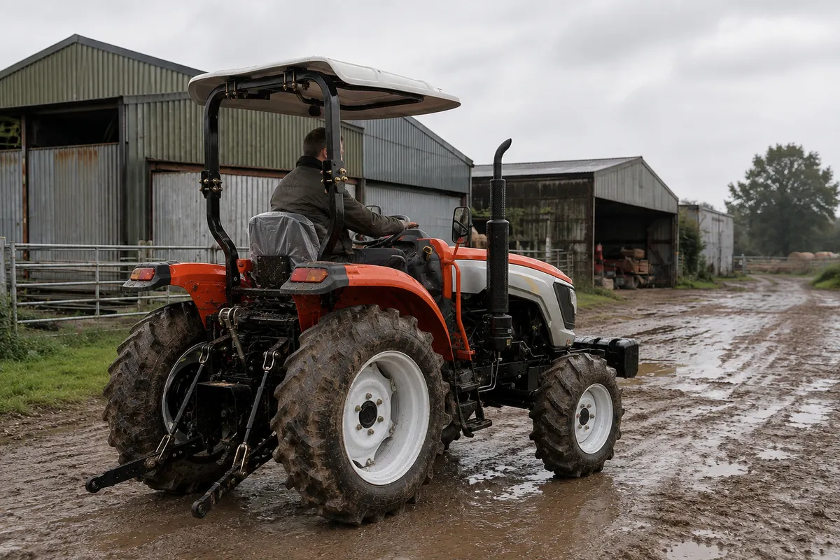 Vista su Farm Lane: Farm Lane tra i campi coltivati. WW-604E è mostrato in questa impostazione di lavoro; confermare l'adattamento dell'implementazione, il terreno, la distanza dal percorso e le condizioni operative prima dell'uso.