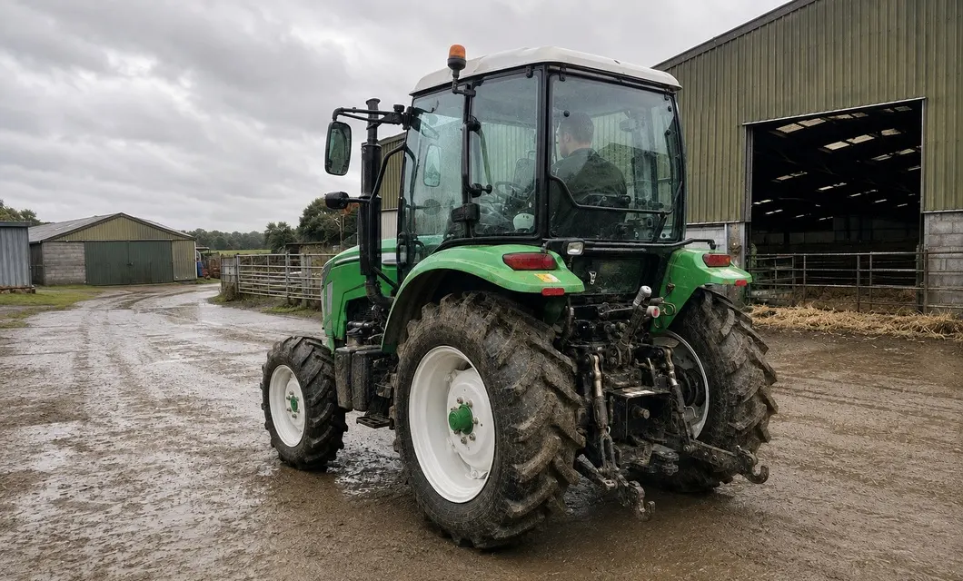 Uitzicht op Boerderijweg: Boerderijweg tussen akkers. WW-504ECV wordt getoond in deze werkomgeving; bevestig de pasvorm, het terrein, de routeklaring en de bedrijfsomstandigheden vóór gebruik.