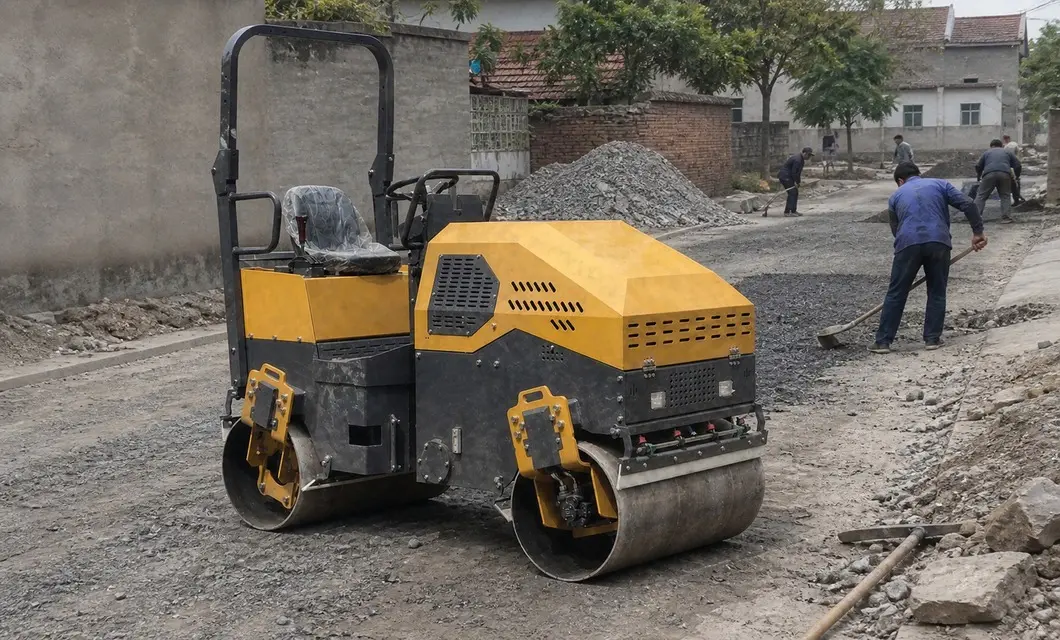 Rolls county road bases evenly with controlled vibration.