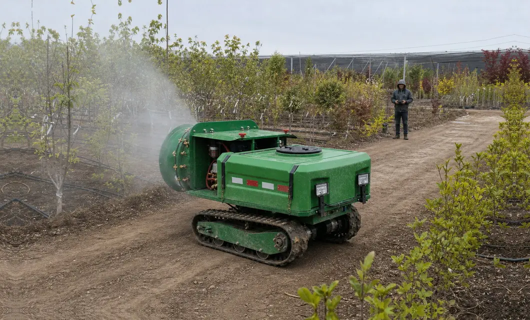 Tracked sprayer protects nursery plants along organized beds.
