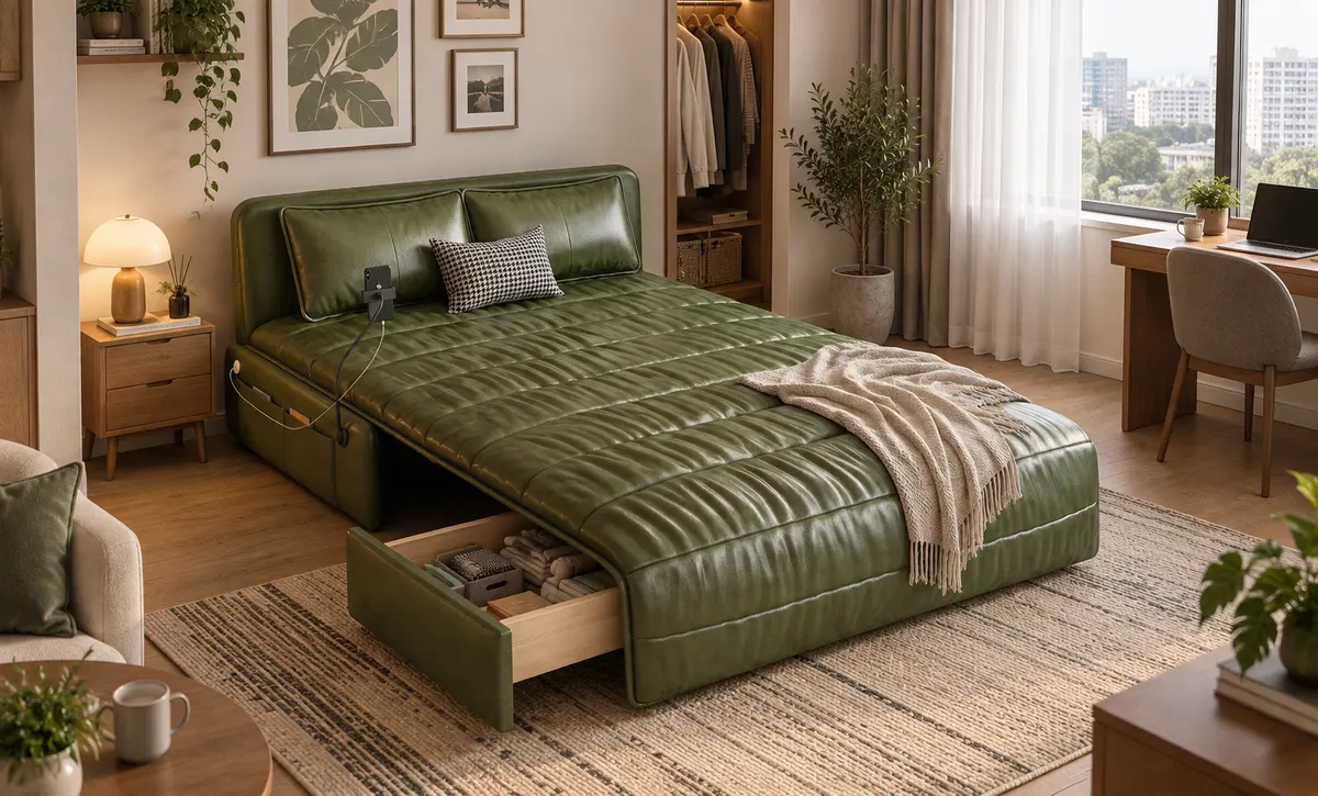 Olivgrün Leder Sofa Bett erweiterte Schlafzimmer Szene