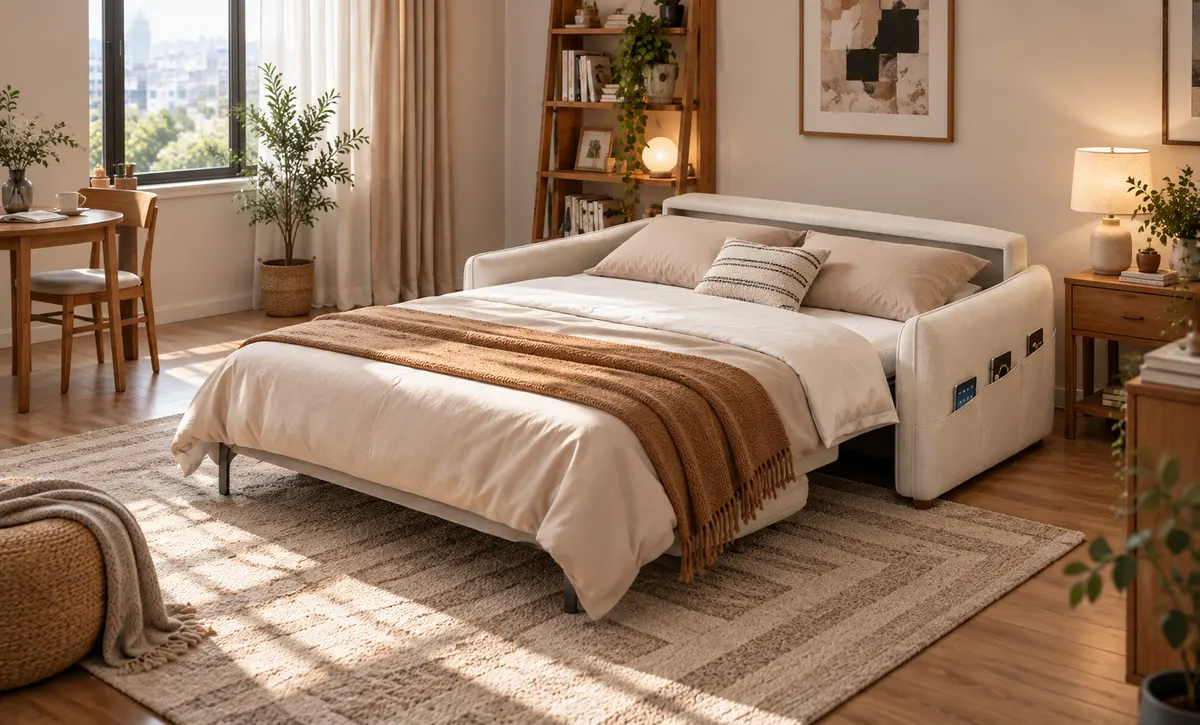 Shown in a converted bed form, demonstrating the sleeping mode of the furniture