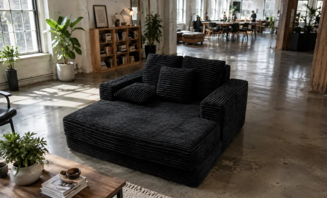 Badan sofa yang luas diatur di apartemen terbuka untuk istirahat sehari-hari.