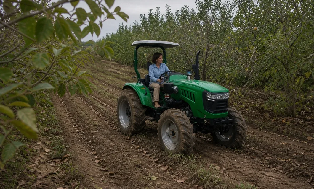 Lato campo arato: Tillage lato campo arato. 1104D è mostrato in questa impostazione di lavoro; confermare l'adattamento dell'implementazione, il terreno, la distanza dal percorso e le condizioni operative prima dell'uso.