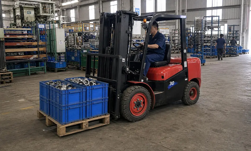 Movimento ordinato dei cassonetti di produzione attraverso percorsi di officina.
