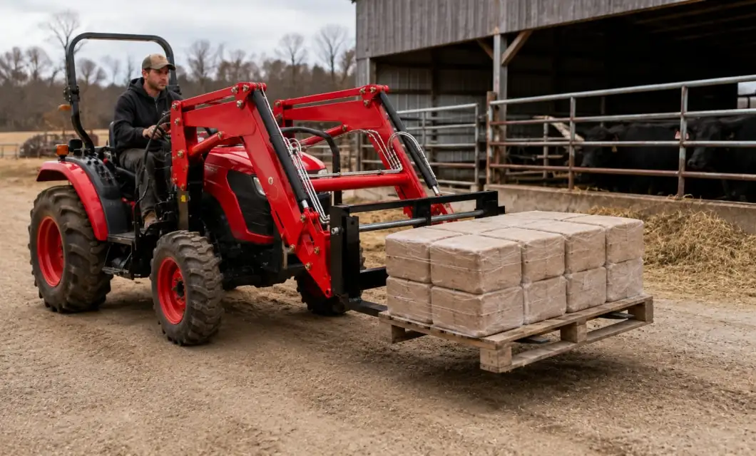Les fourches à palettes permettent de déplacer en toute sécurité les aliments pour le bétail entre les bâtiments de stockage et les zones d’élevage.