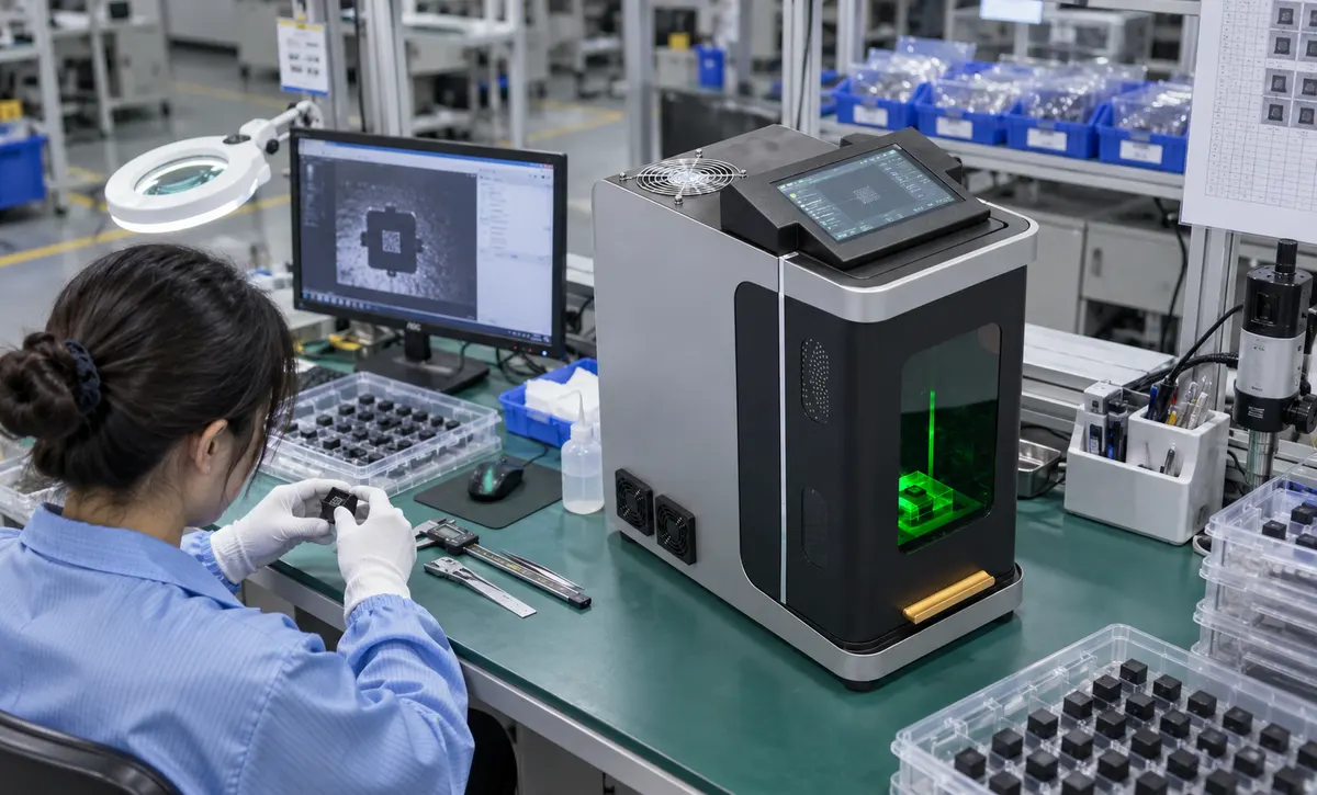 Precision components are marked at a dedicated workstation