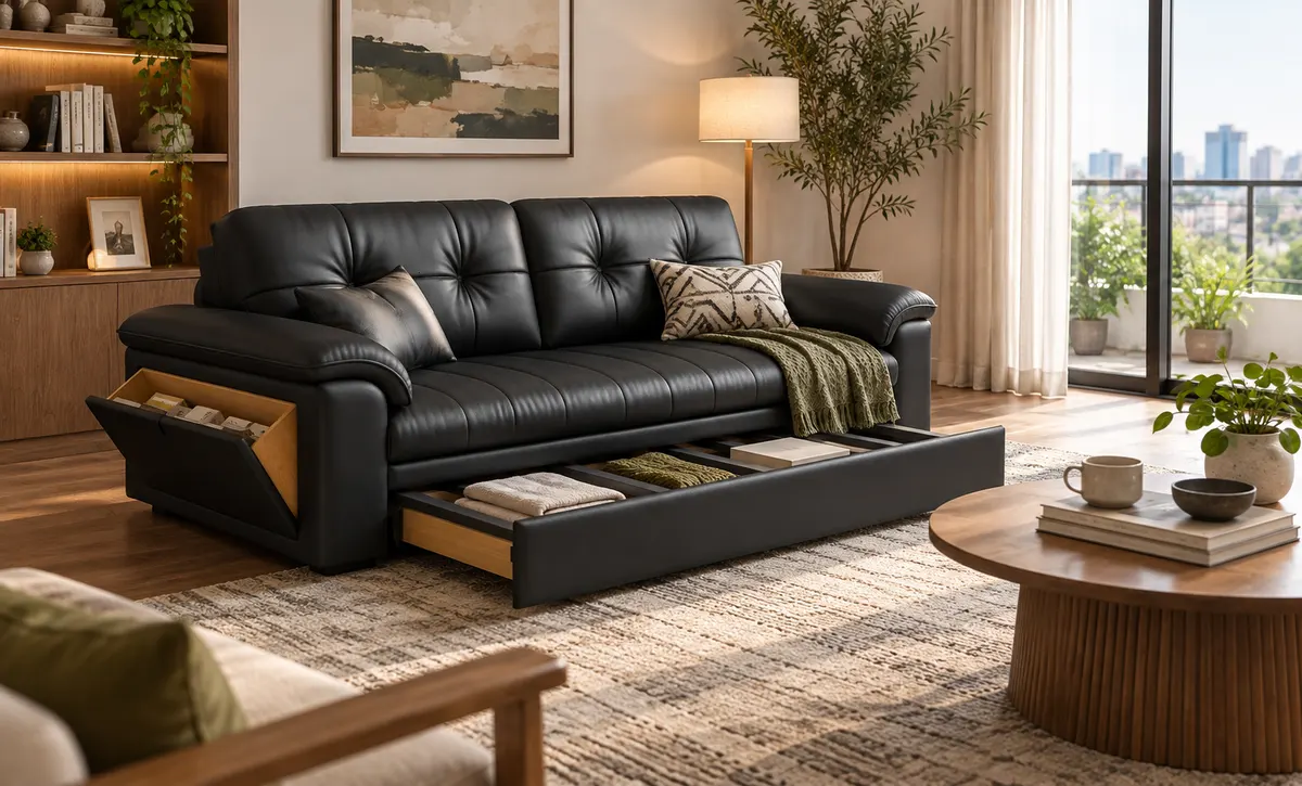 Escena de sofá cama con almacenamiento extraíble