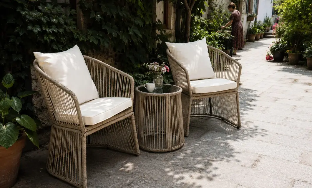 Shaded tropical garden seating for cool, quiet outdoor gatherings.