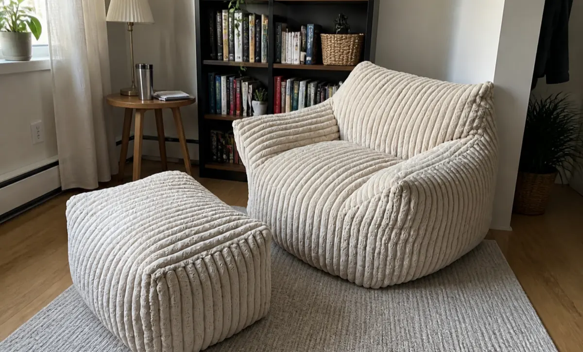 Platzsparende Sofa-und Fuß stütze in der Nähe einer Gepäck ablage im Gästezimmer.