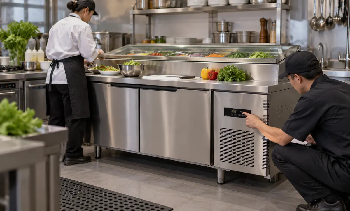 Inspección de control de temperatura de mesa de preparación de ensalada refrigerada