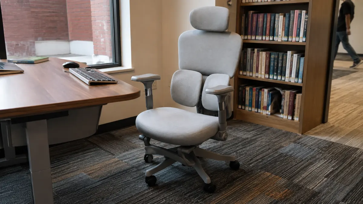 Relaxed seating beside shelves