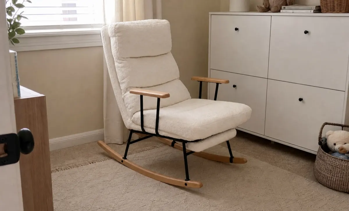 Rocking pause beside the sofa for relaxed family seating.